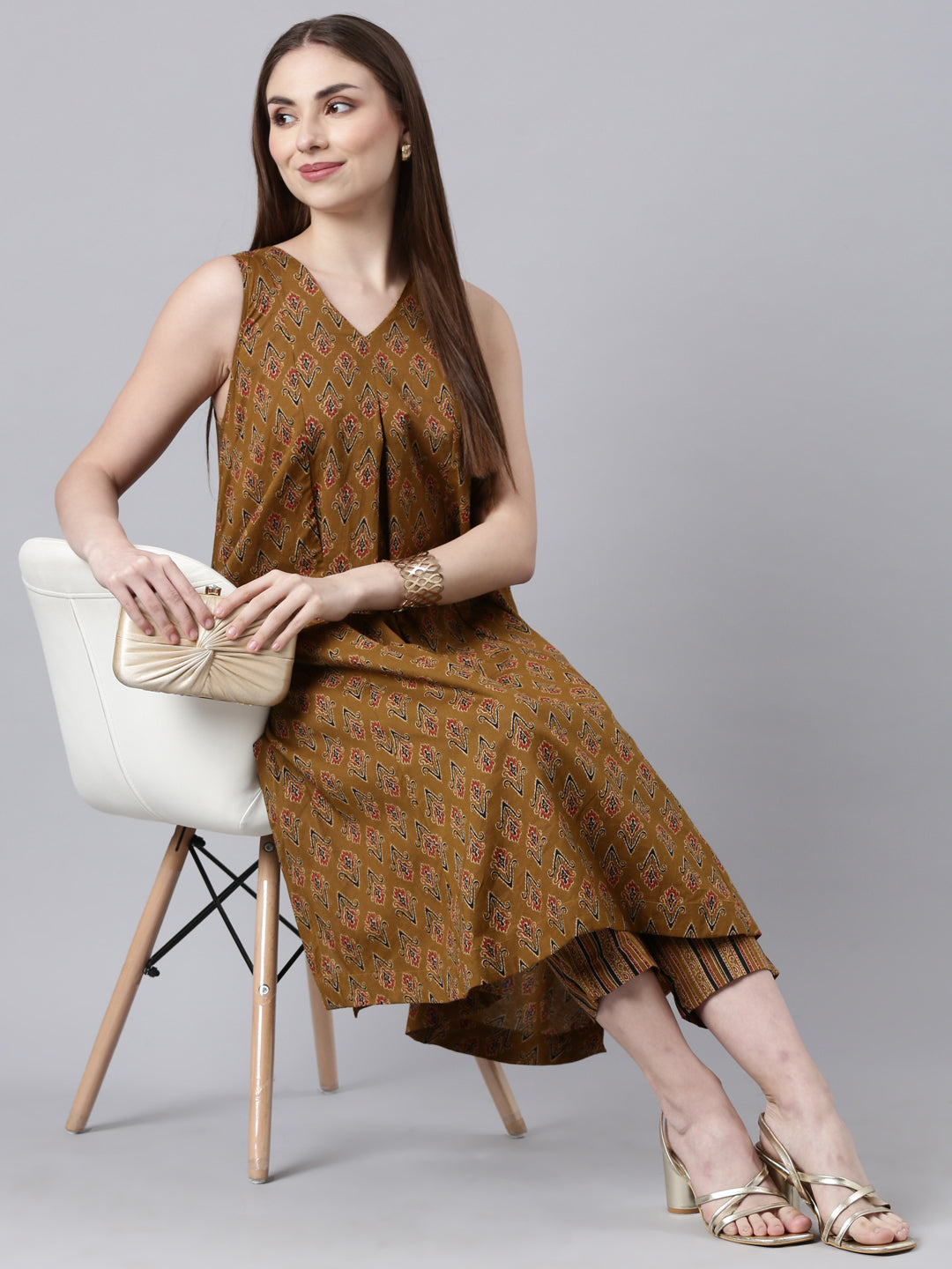 Mustard color Printed Cotton Flared Kurta & Pant Set