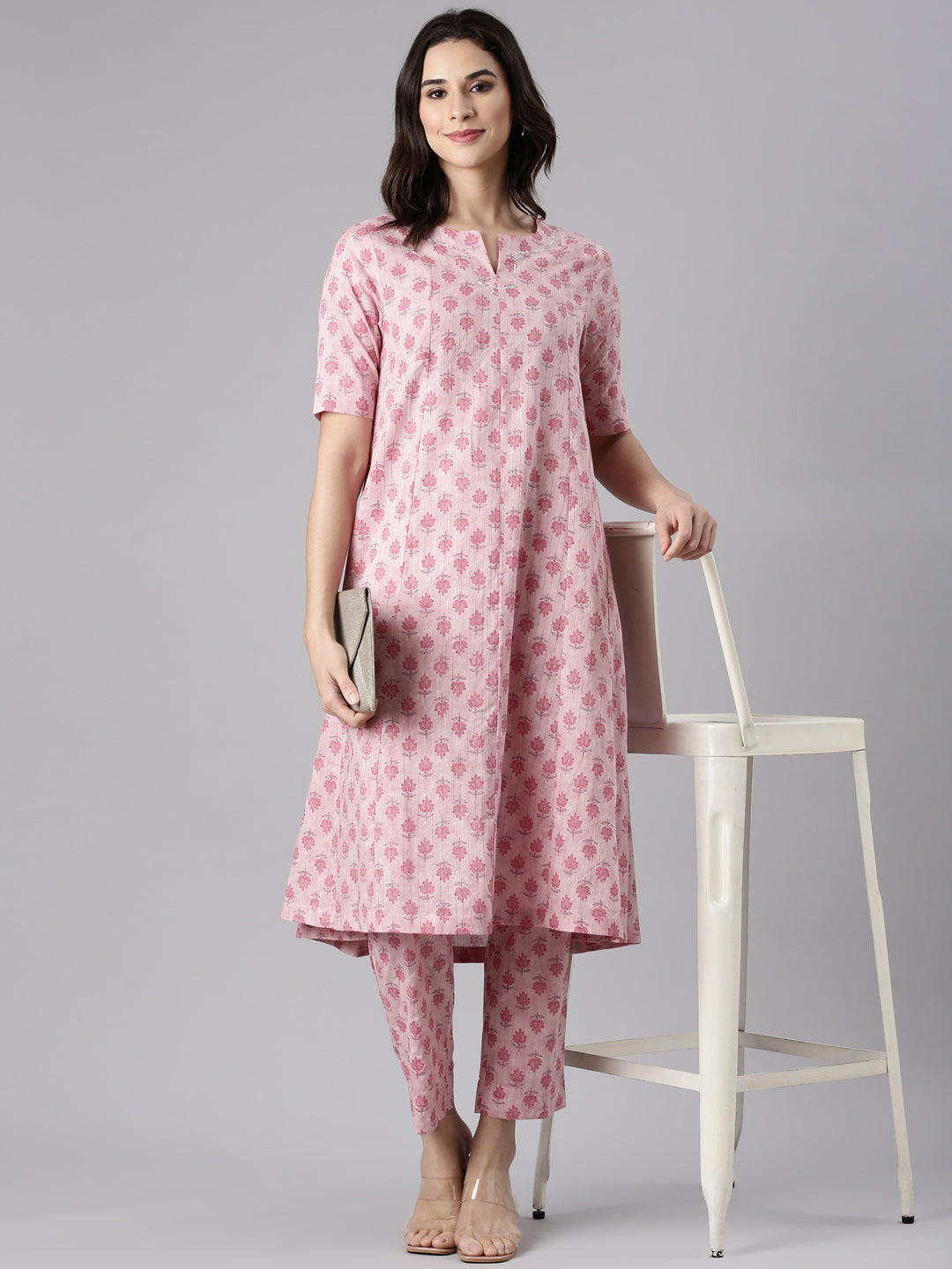 Soft Pink Cotton Lurex Printed Kurta set