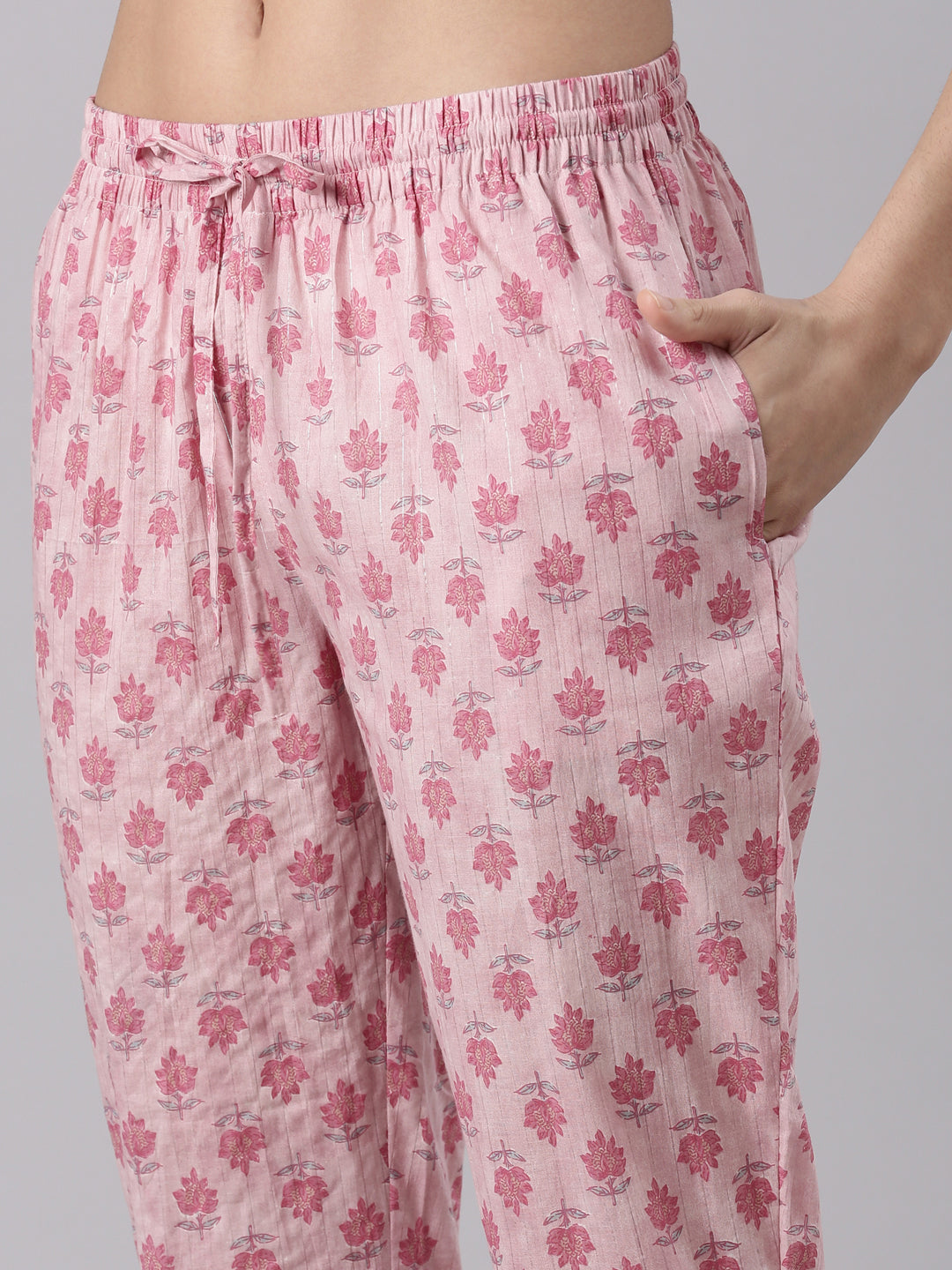 Soft Pink Cotton Lurex Printed Kurta set