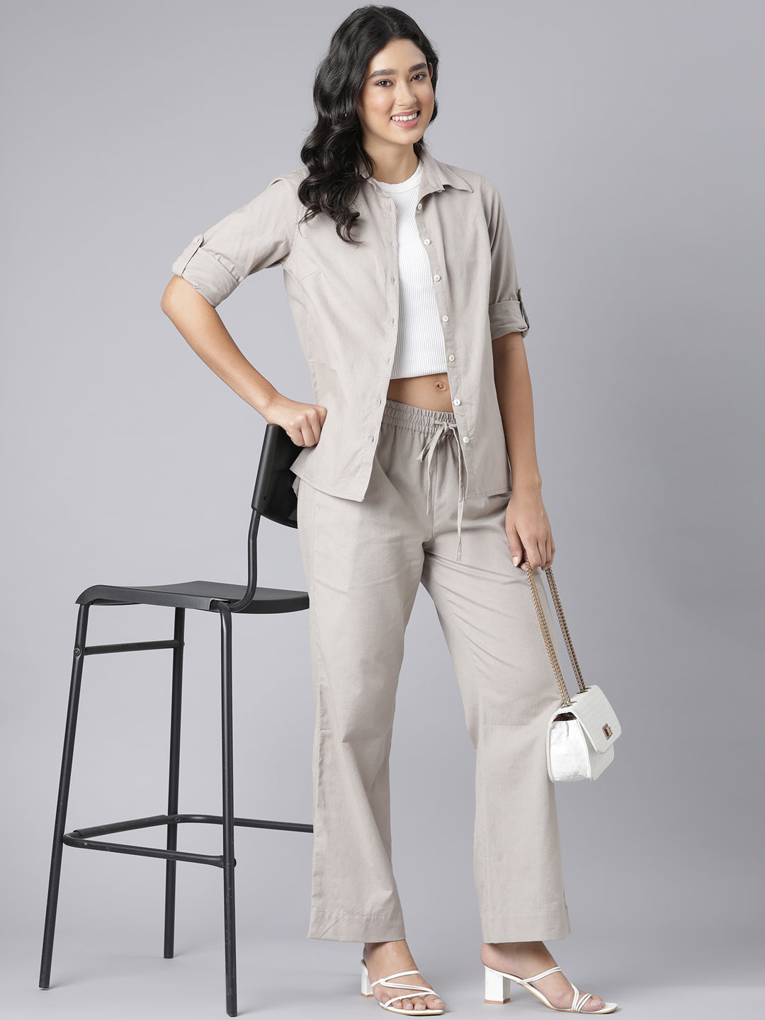 EDIRA Cotton Oatmeal Colour Trousers