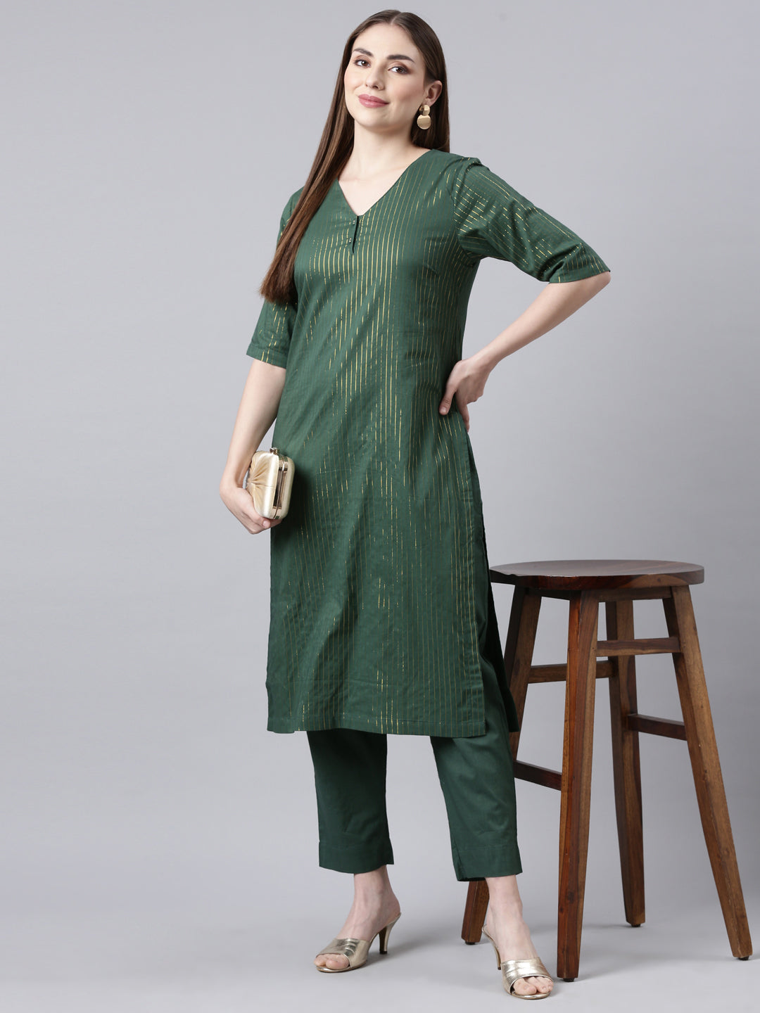 EDIRA Women Green & Gold Kurta and Pant Set