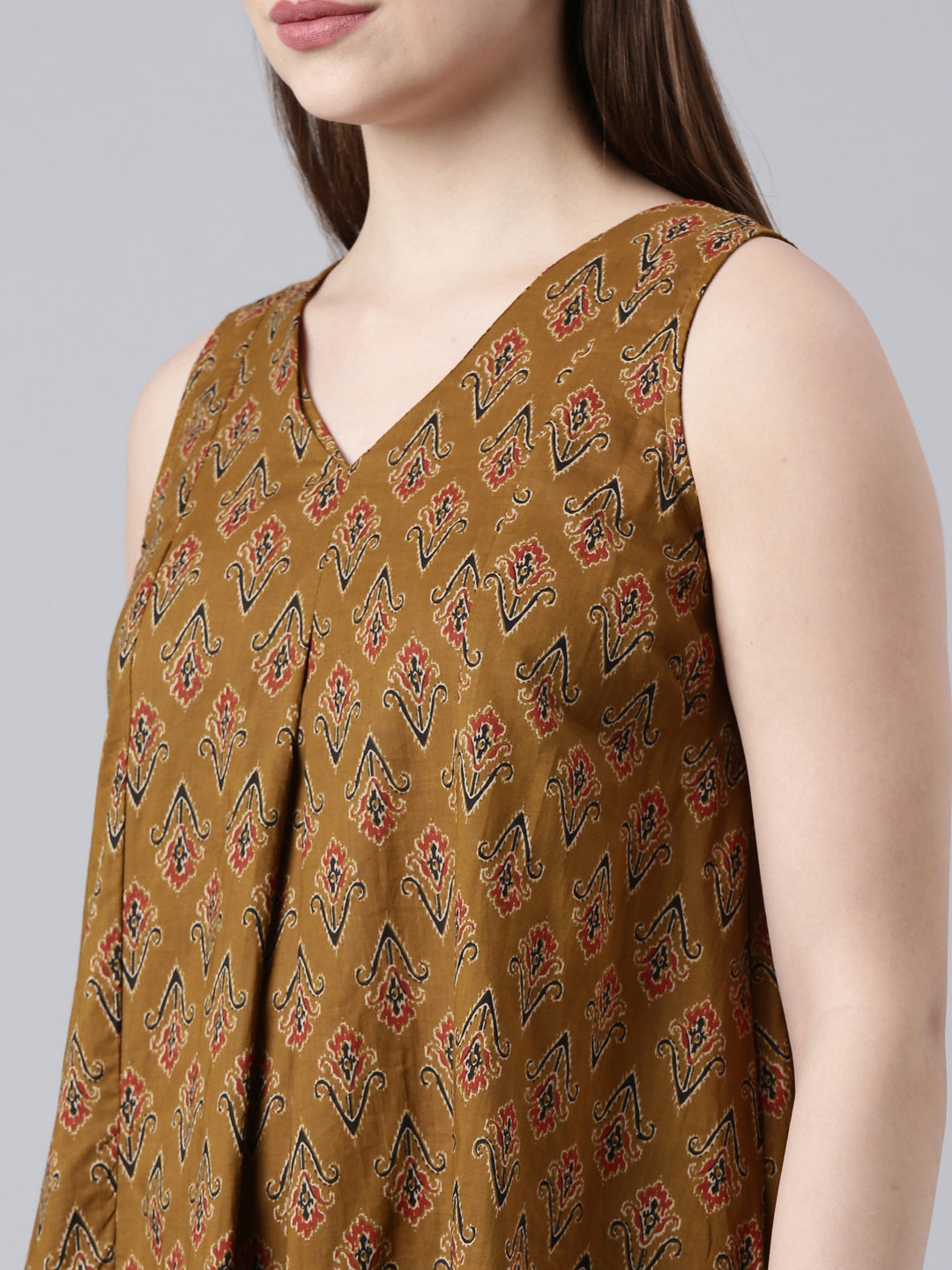 Mustard color Printed Cotton Flared Kurta & Pant Set