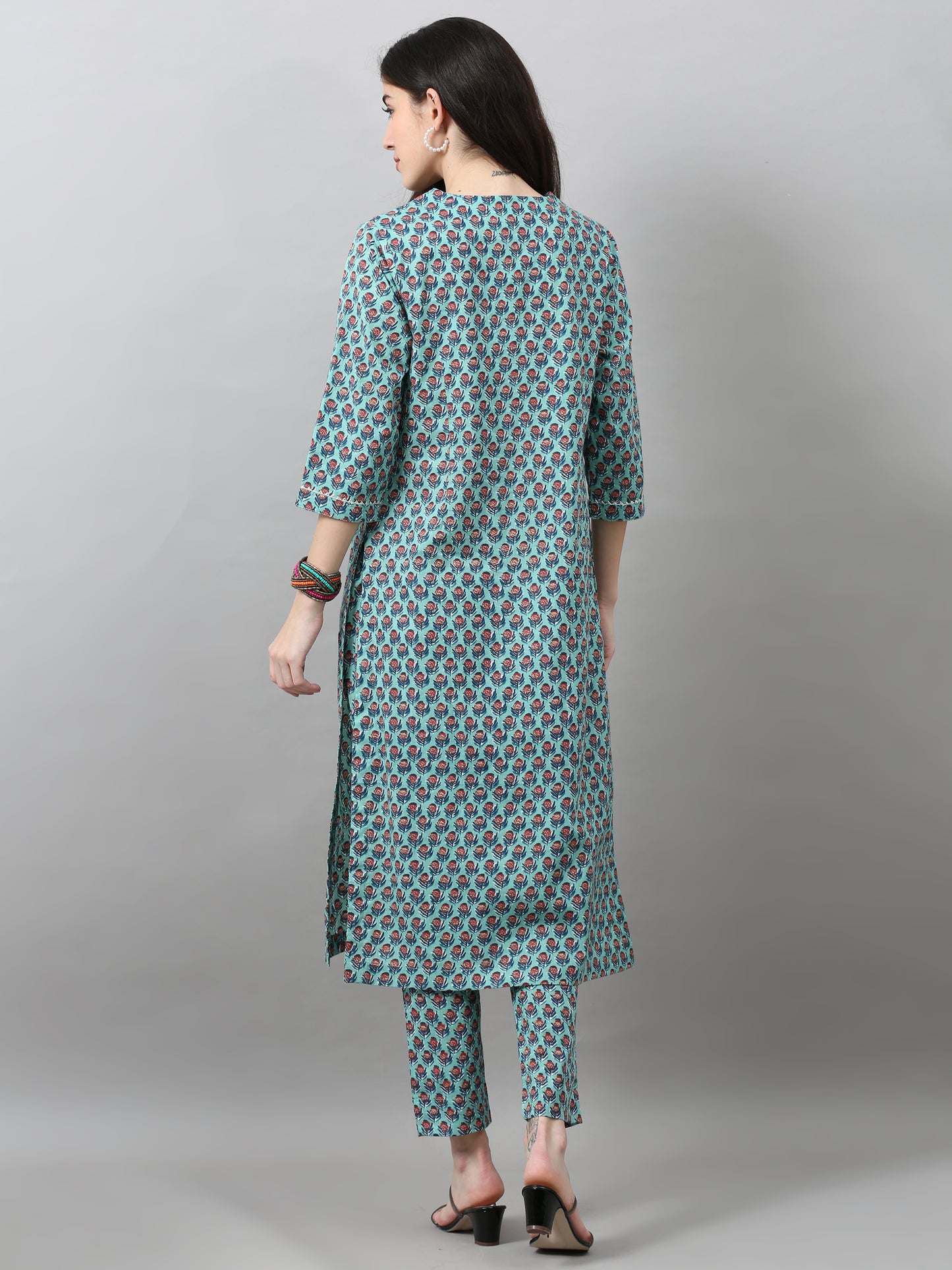 EDIRA Women's Cotton Kurta with Trousers (Turquoise)