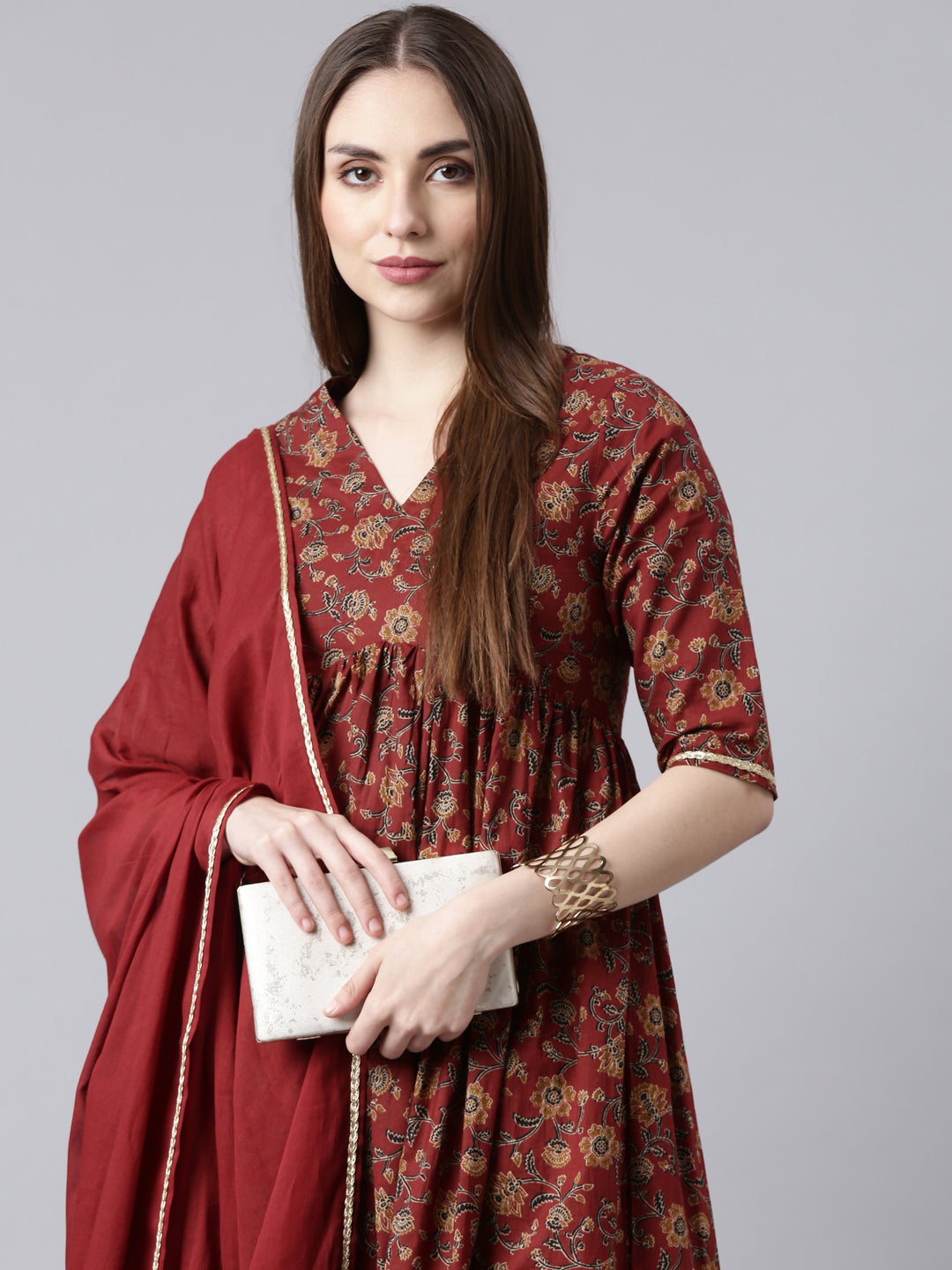 Red Printed Flared Kurta Pant Set with Dupatta