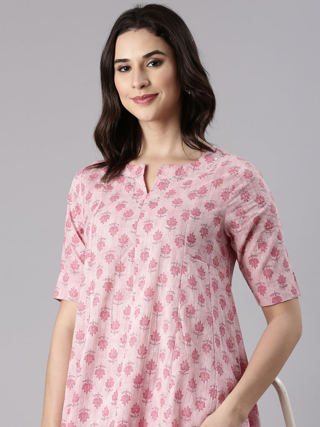 Soft Pink Cotton Lurex Printed Kurta set