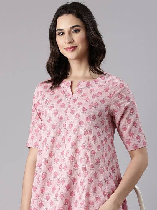Soft Pink Cotton Lurex Printed Kurta set