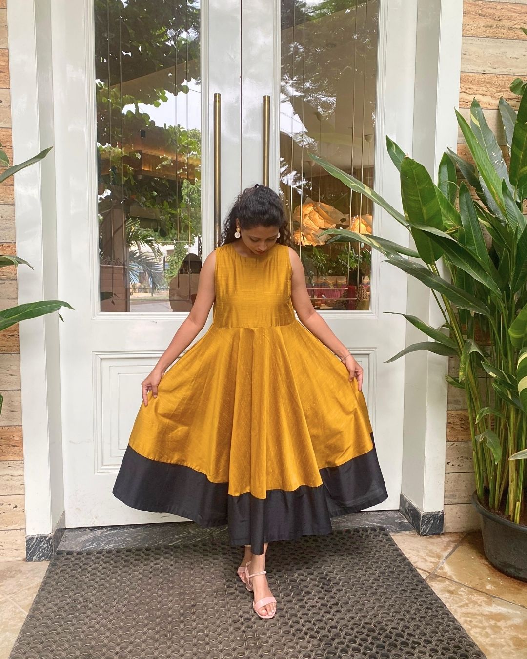 Mustard Fit & Flare Dress with Black Hem