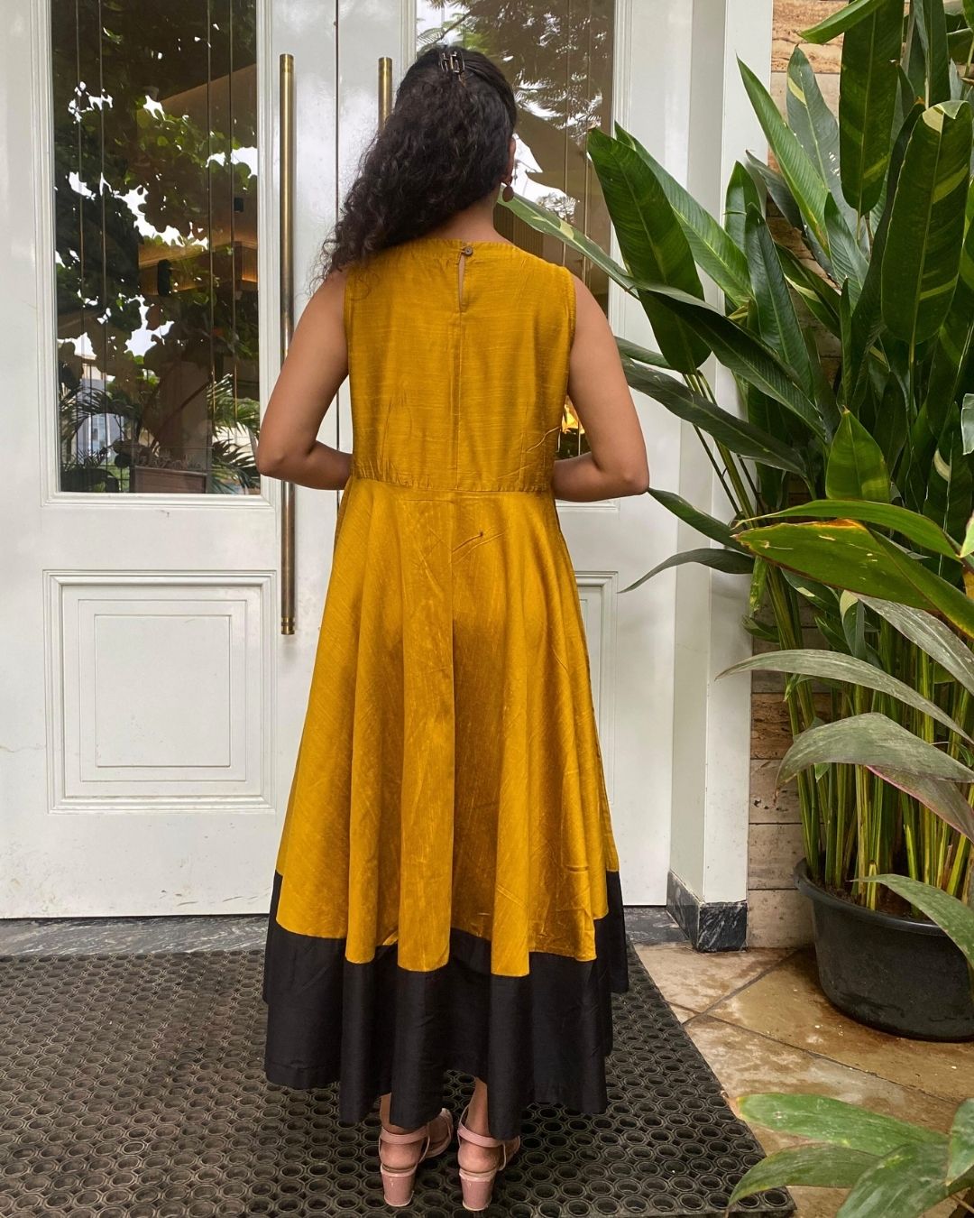 Mustard Fit & Flare Dress with Black Hem