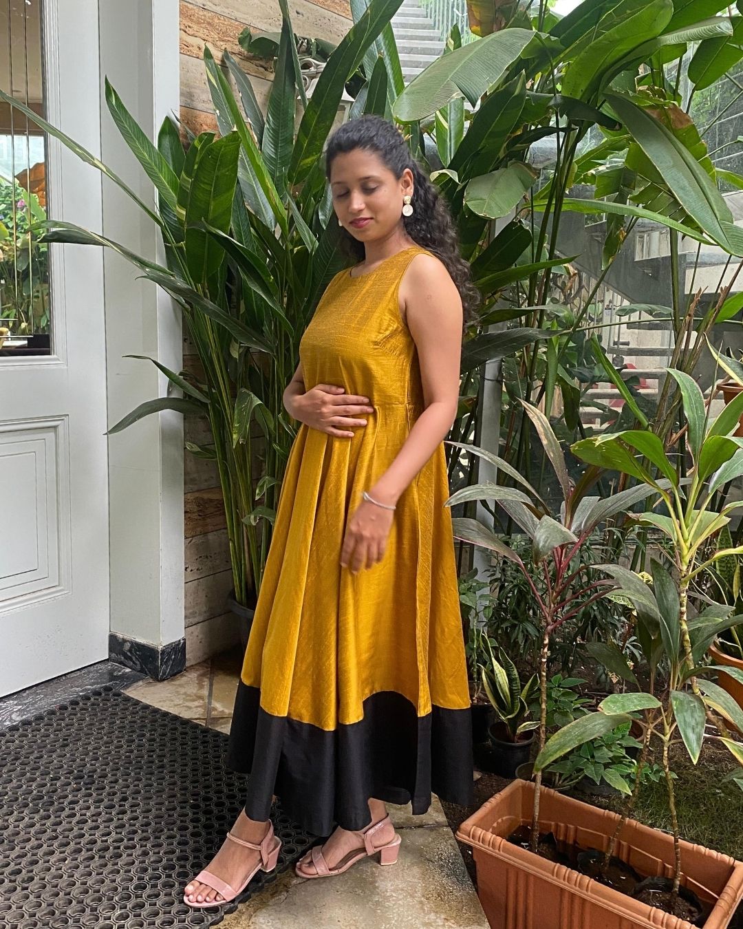 Mustard Fit & Flare Dress with Black Hem