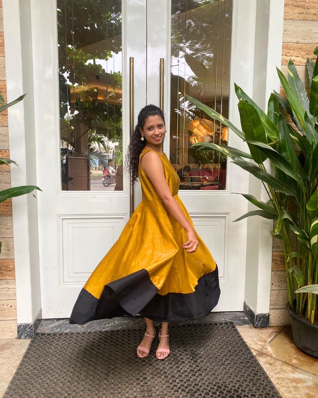 Mustard Fit & Flare Dress with Black Hem