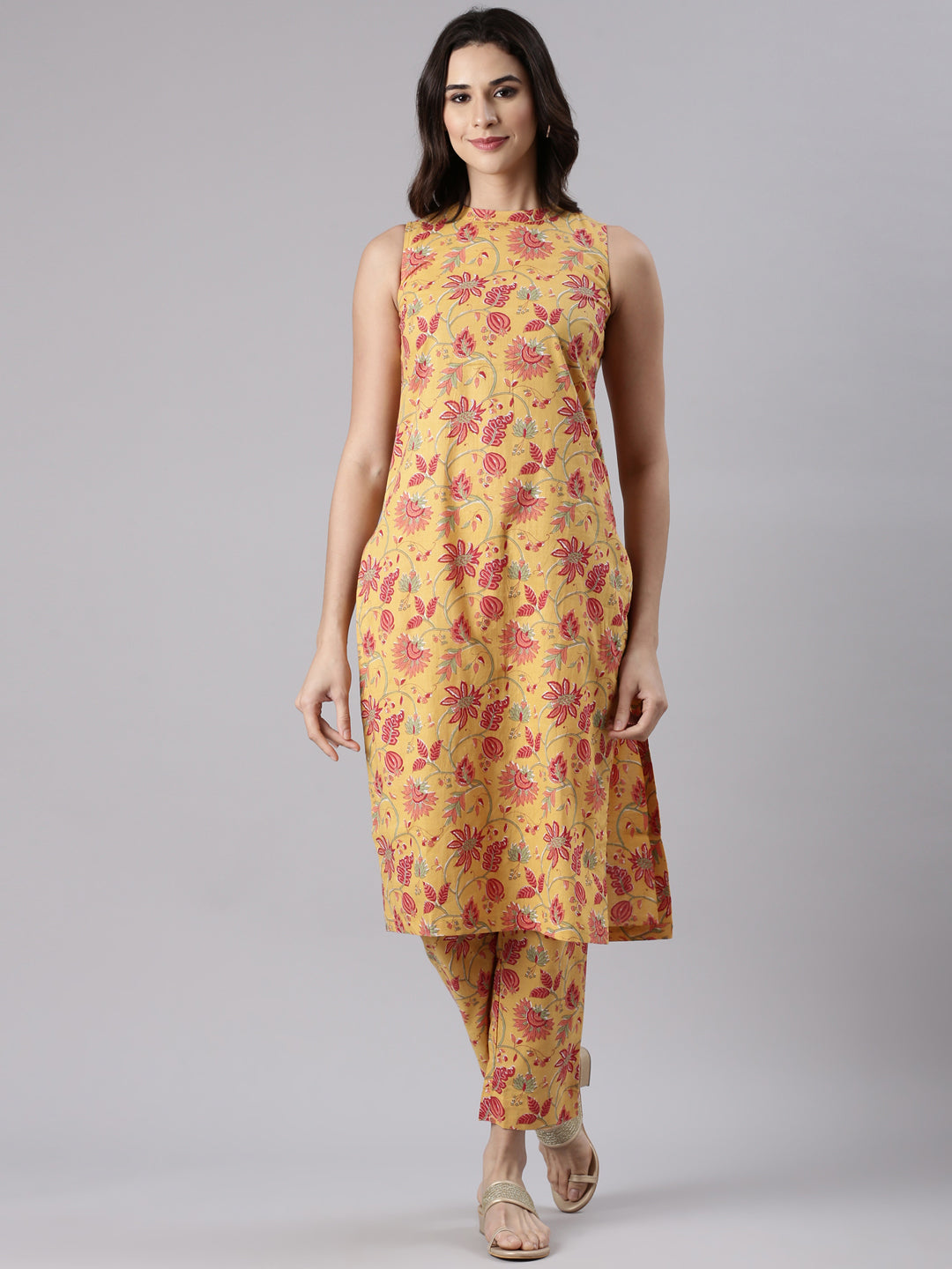 Yellow Floral Cotton Coord Set with Mandarin Collar & Straight Pants