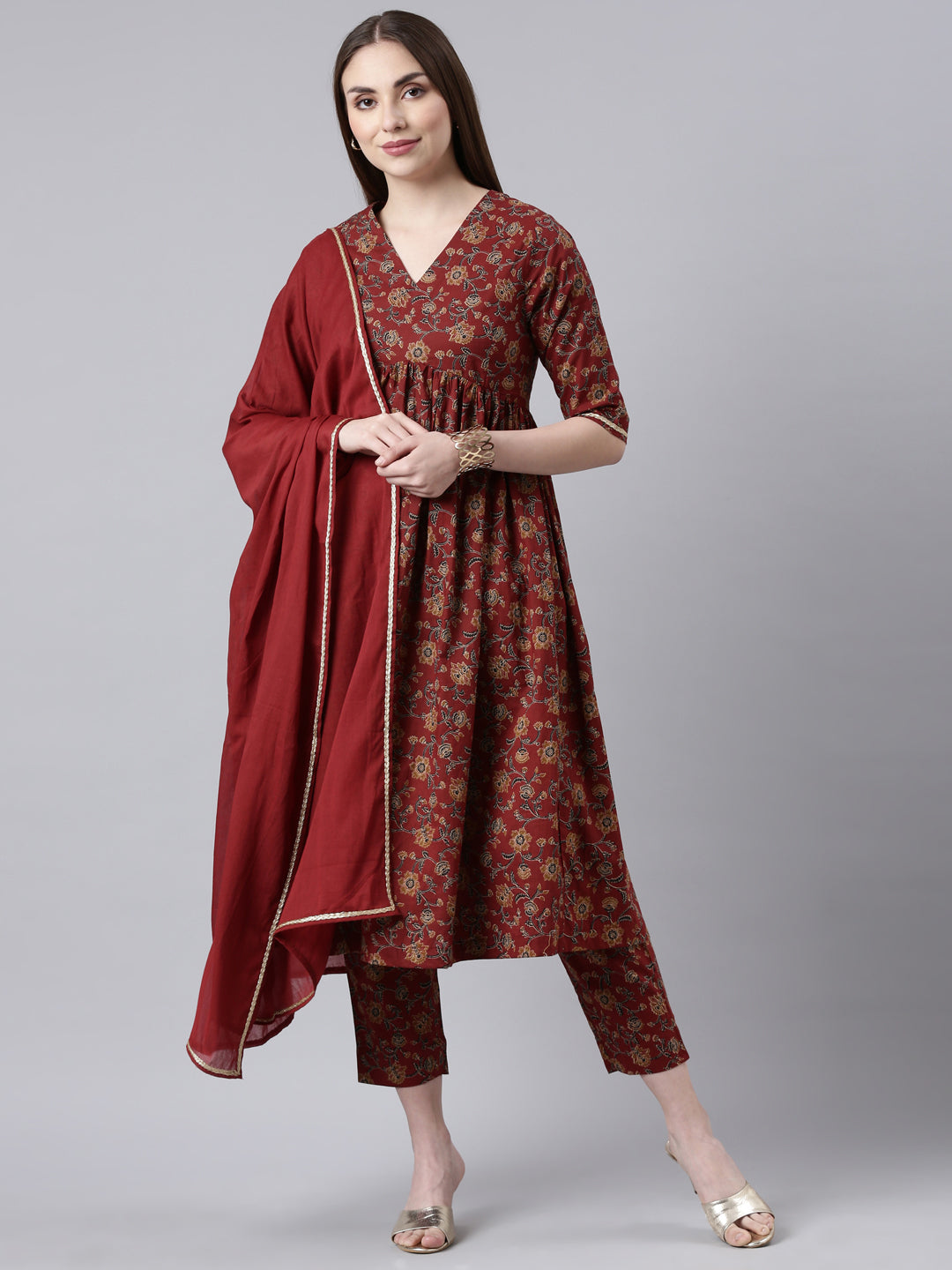 Red Printed Flared Kurta Pant Set with Dupatta