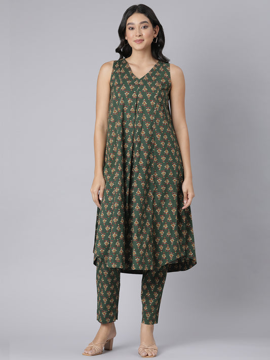 Green Printed Cotton Flared Kurta & Pant Set