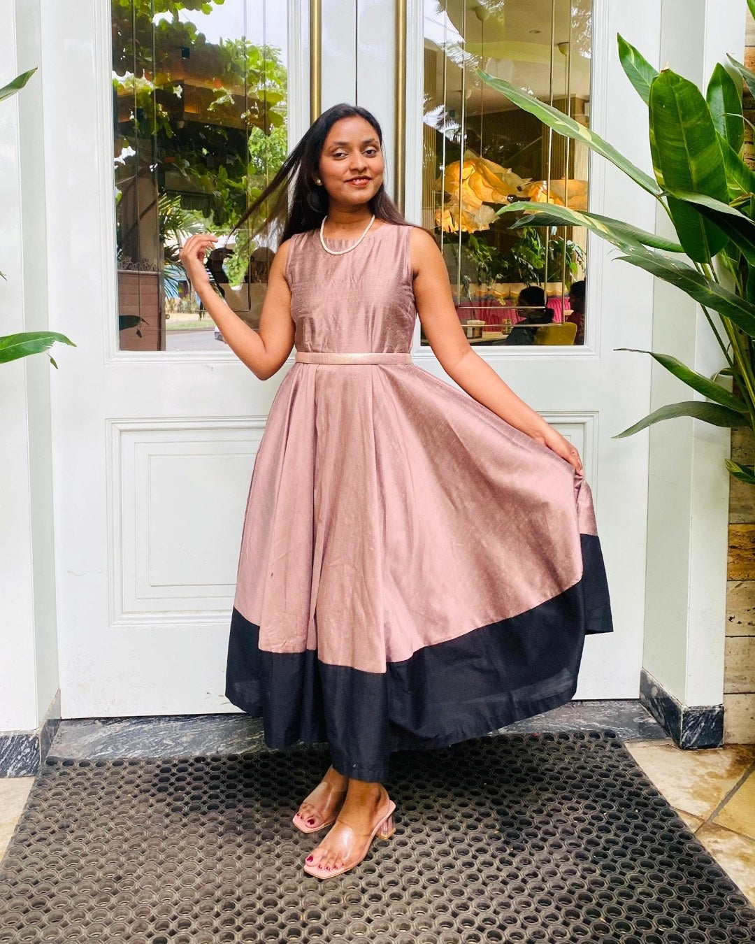 Mocha Fit & Flare Dress with Black Hem