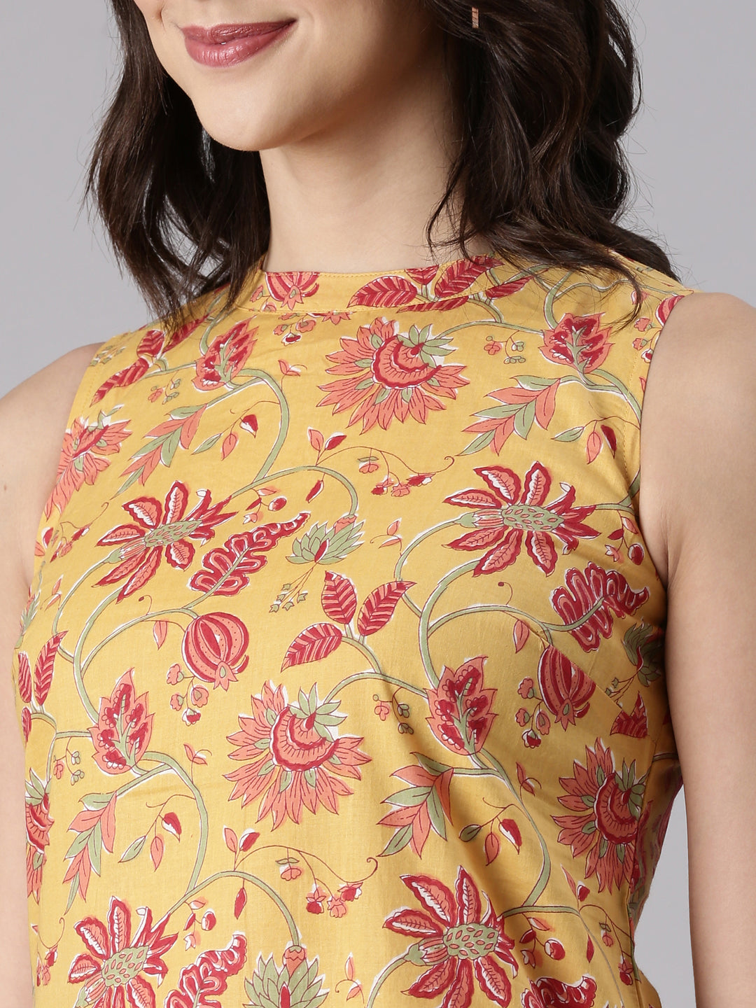 Yellow Floral Cotton Coord Set with Mandarin Collar & Straight Pants