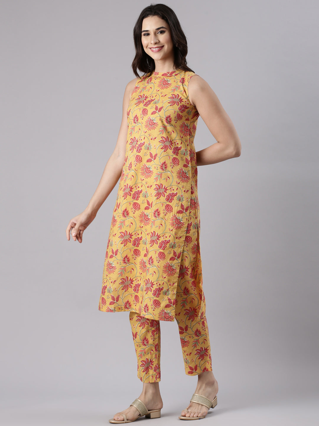 Yellow Floral Cotton Coord Set with Mandarin Collar & Straight Pants
