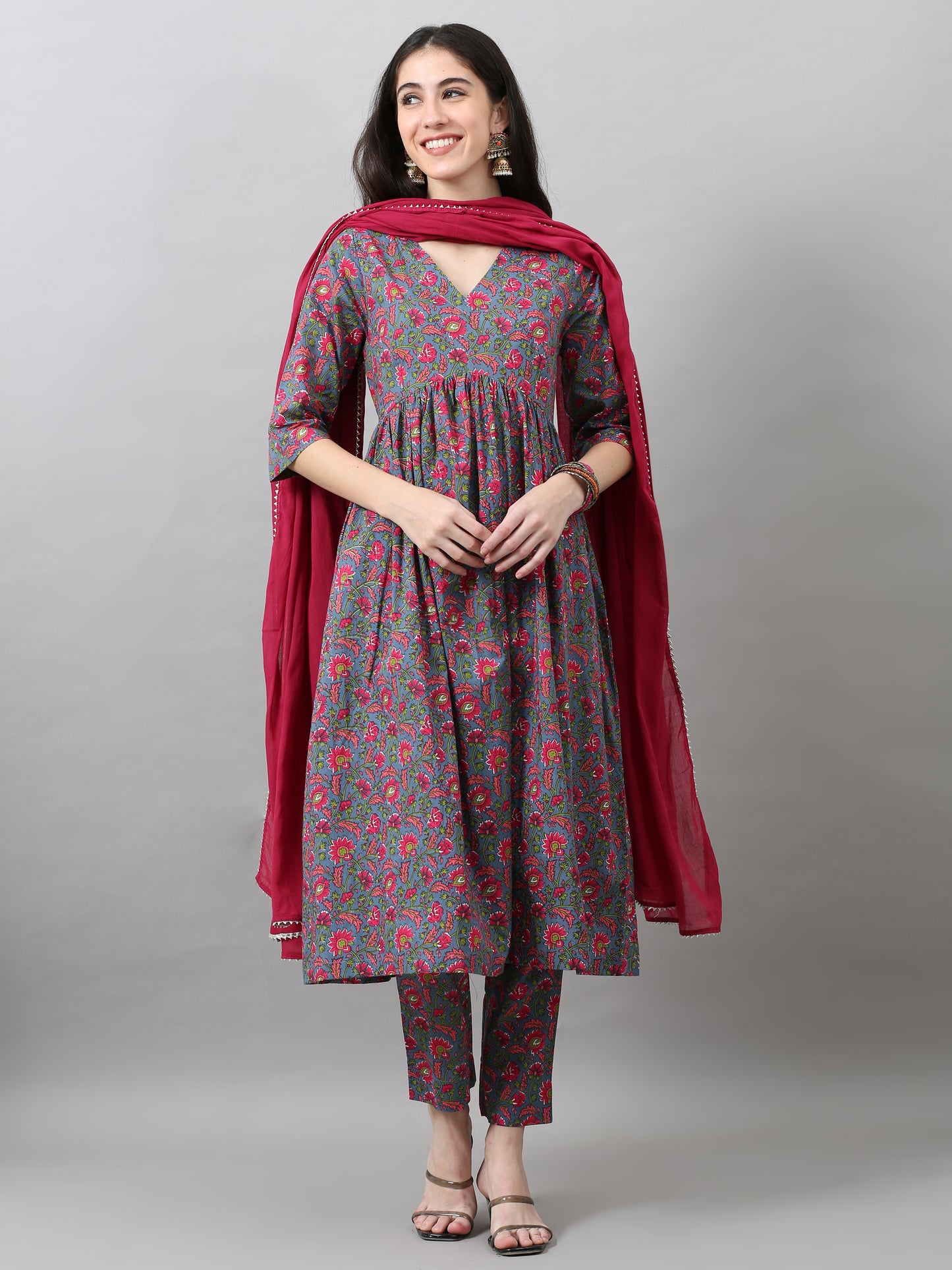 Fuchsia Flared Kurta Pant Set with Dupatta
