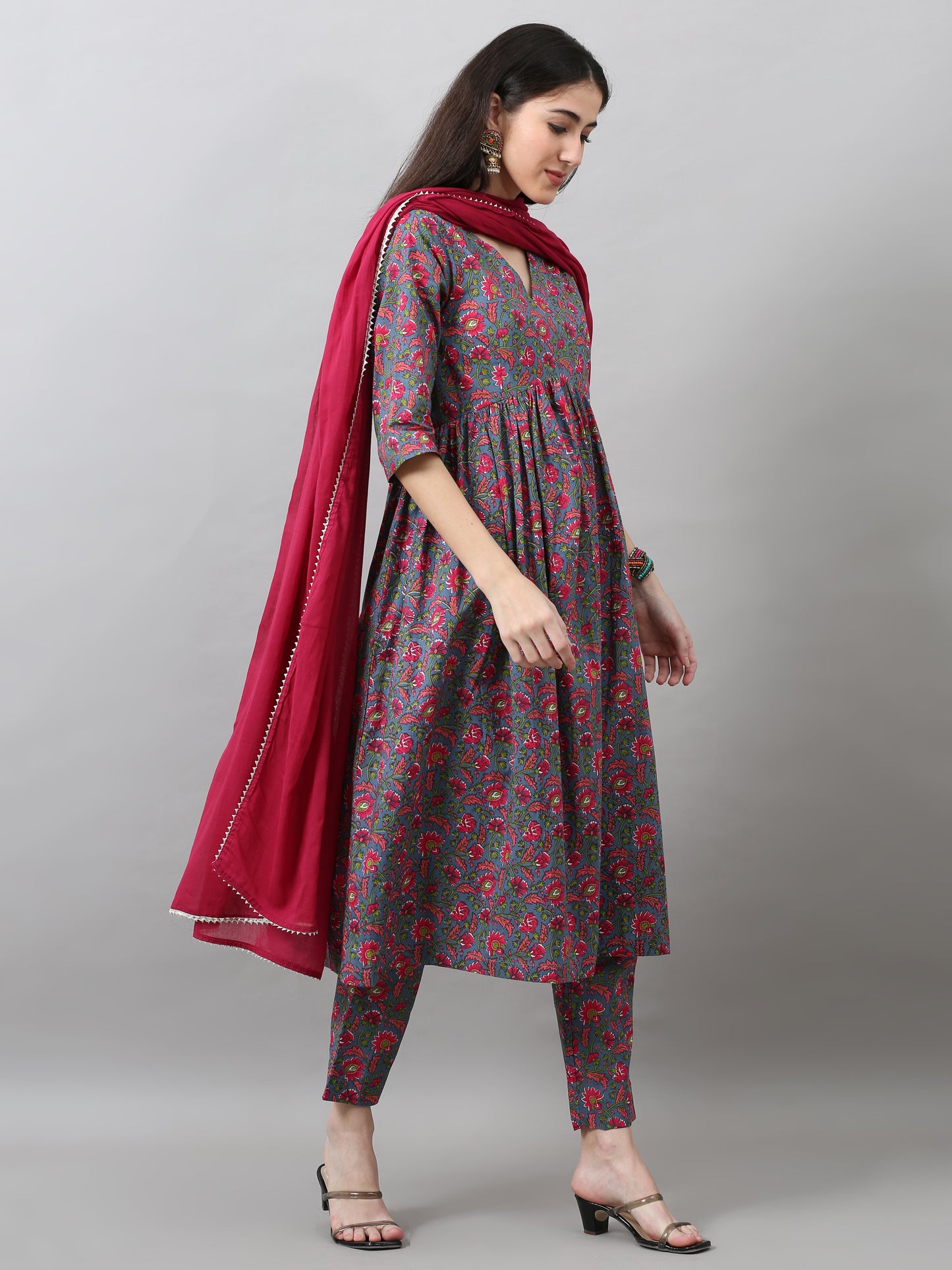 Fuchsia Flared Kurta Pant Set with Dupatta