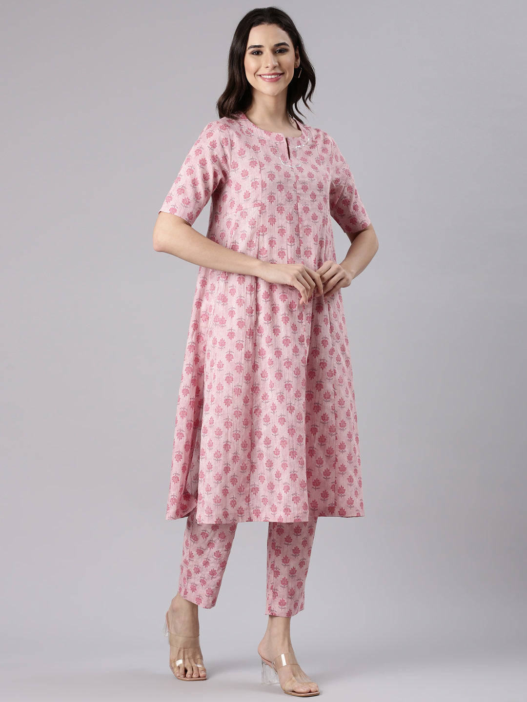 Soft Pink Cotton Lurex Printed Kurta set