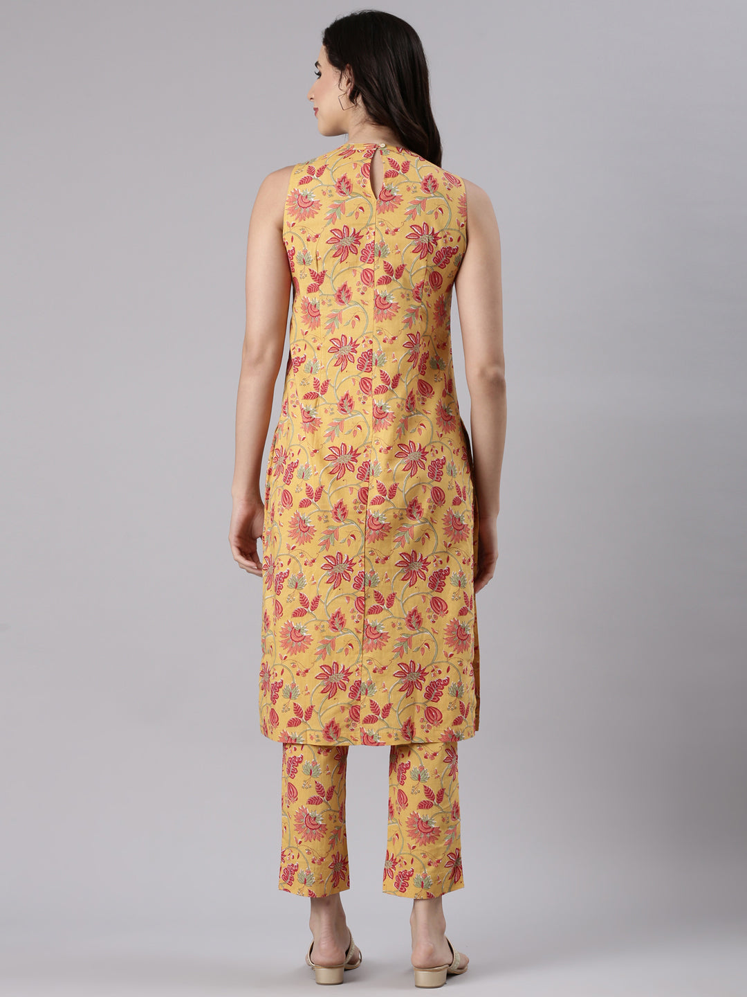 Yellow Floral Cotton Coord Set with Mandarin Collar & Straight Pants