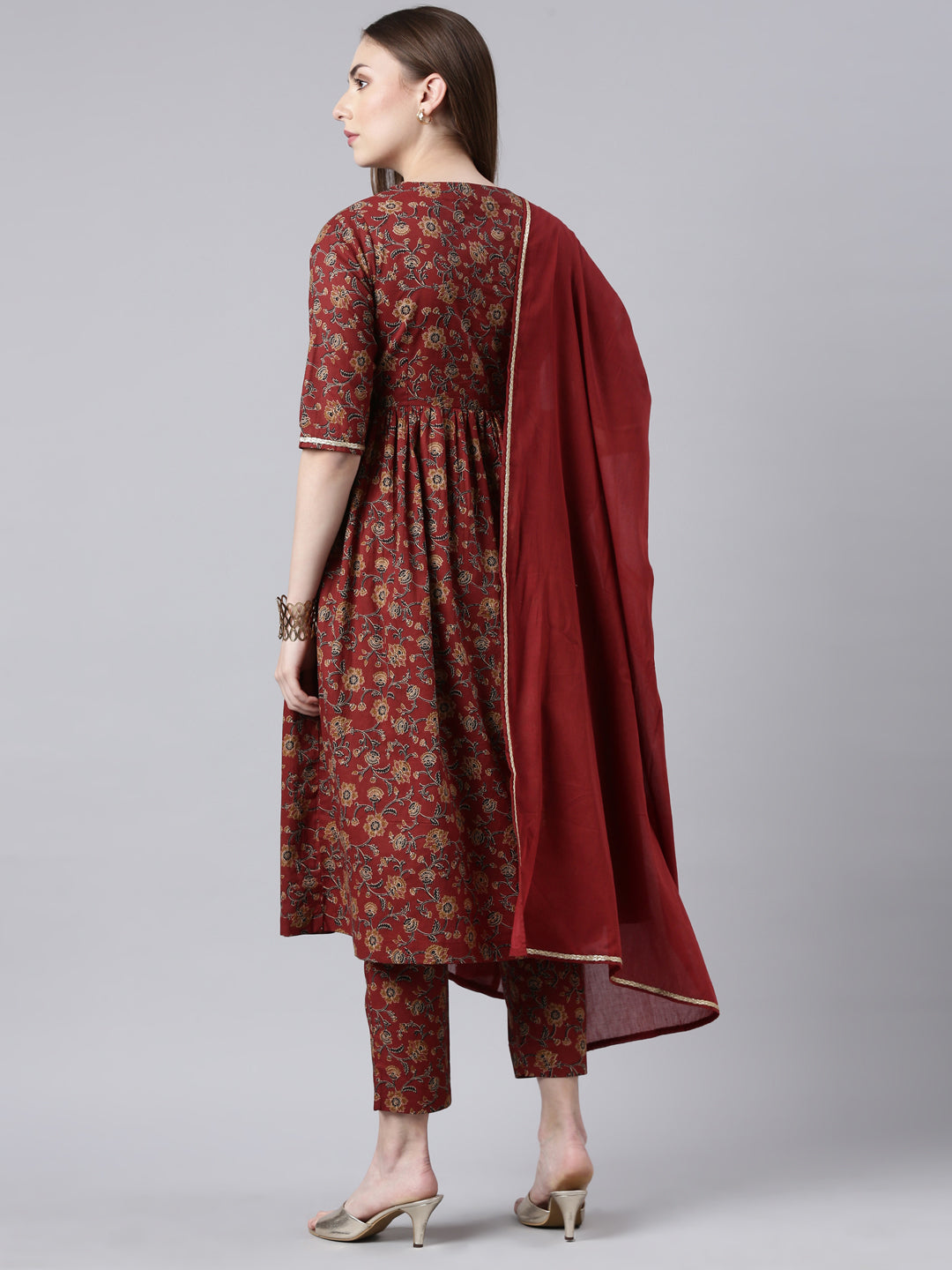 Red Printed Flared Kurta Pant Set with Dupatta