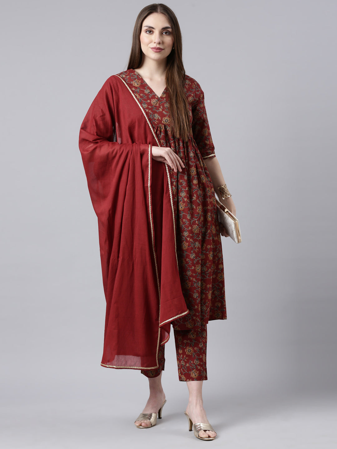 Red Printed Flared Kurta Pant Set with Dupatta