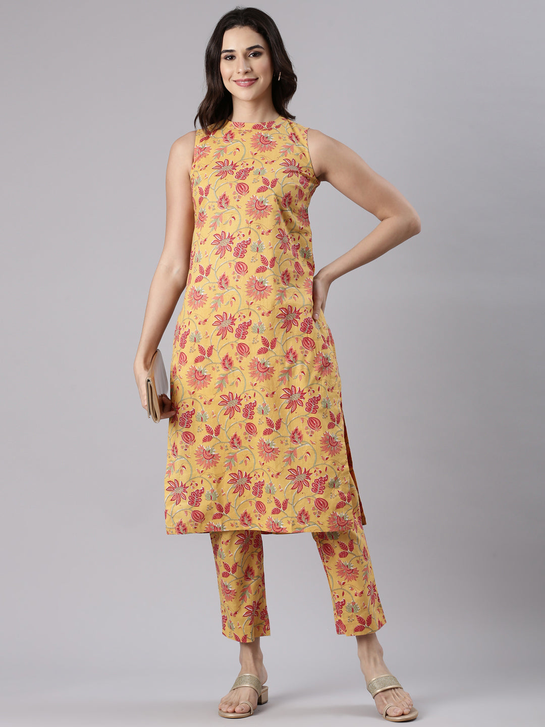 Yellow Floral Cotton Coord Set with Mandarin Collar & Straight Pants