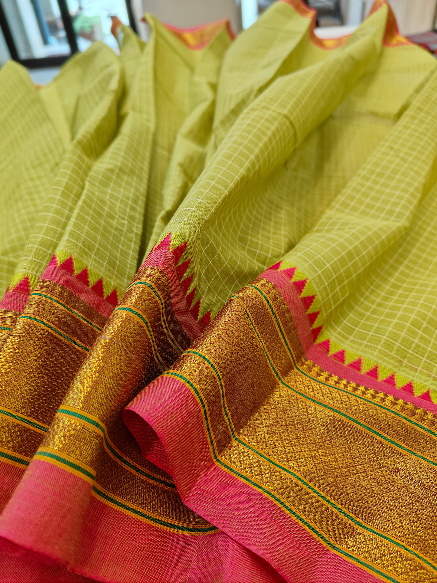 Ira| Handwoven Cotton Saree | Olive Grove Pink