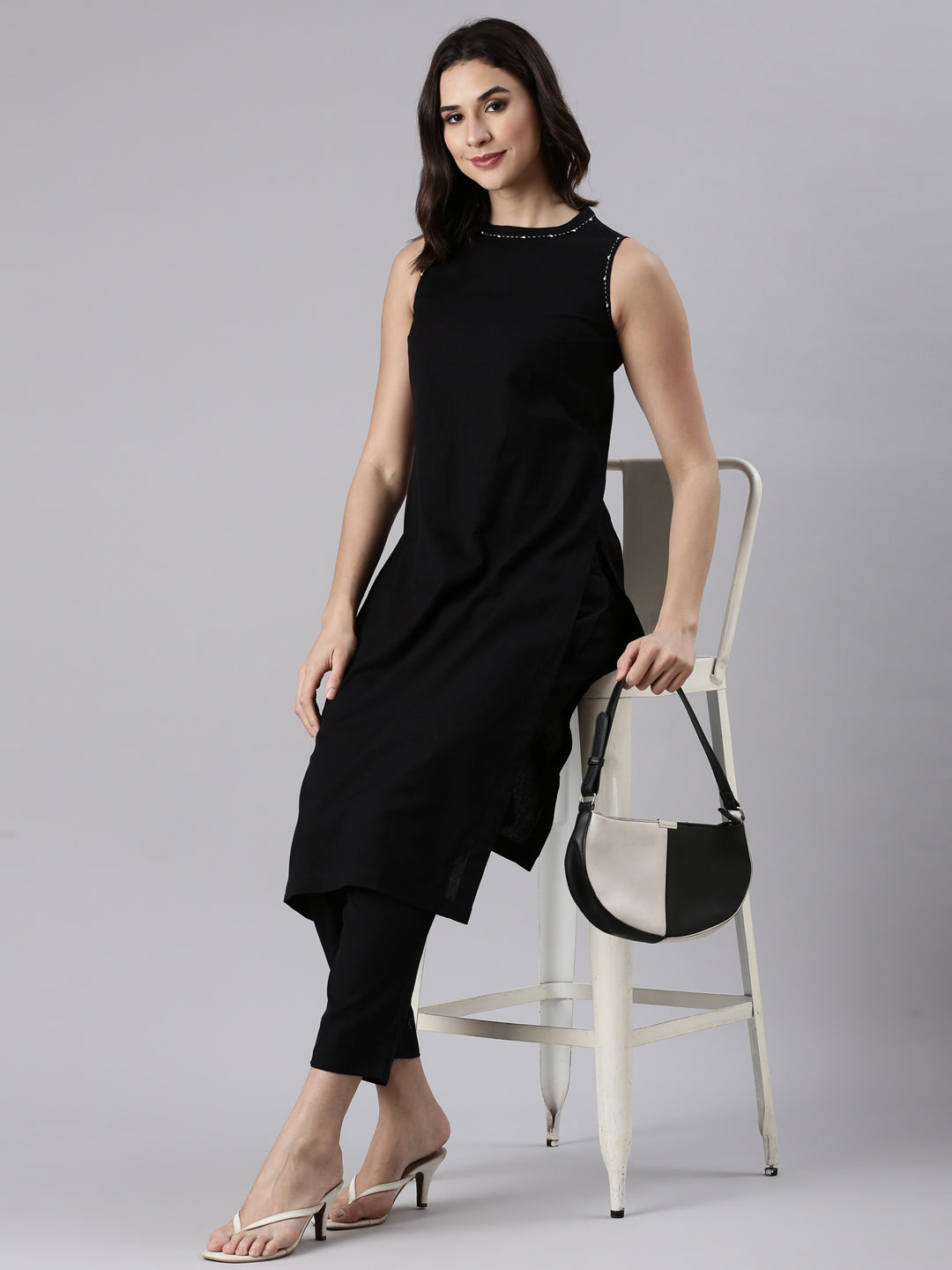 Embroidered Coord Set with Mandarin Collar & Straight Pants