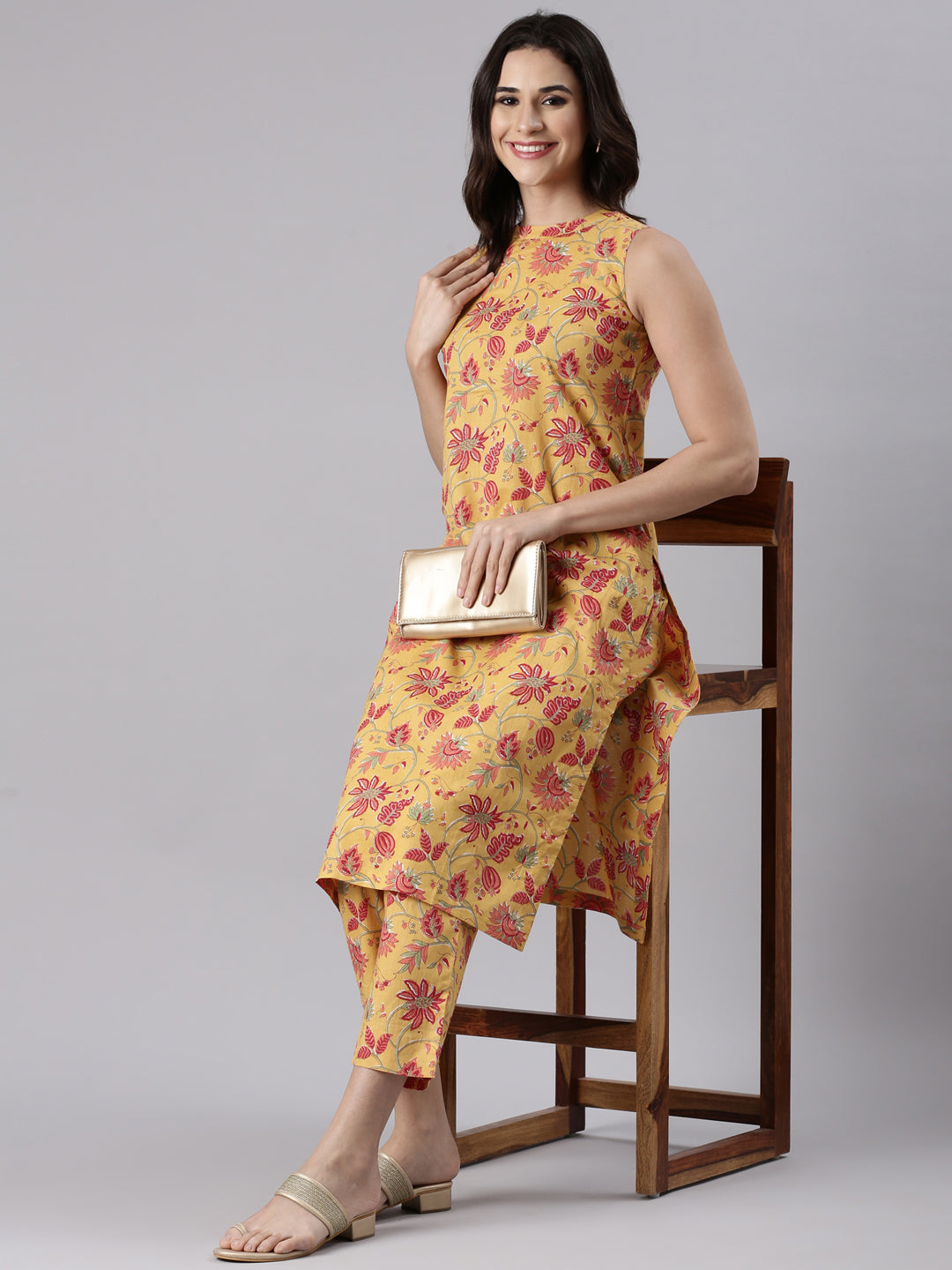 Yellow Floral Cotton Coord Set with Mandarin Collar & Straight Pants