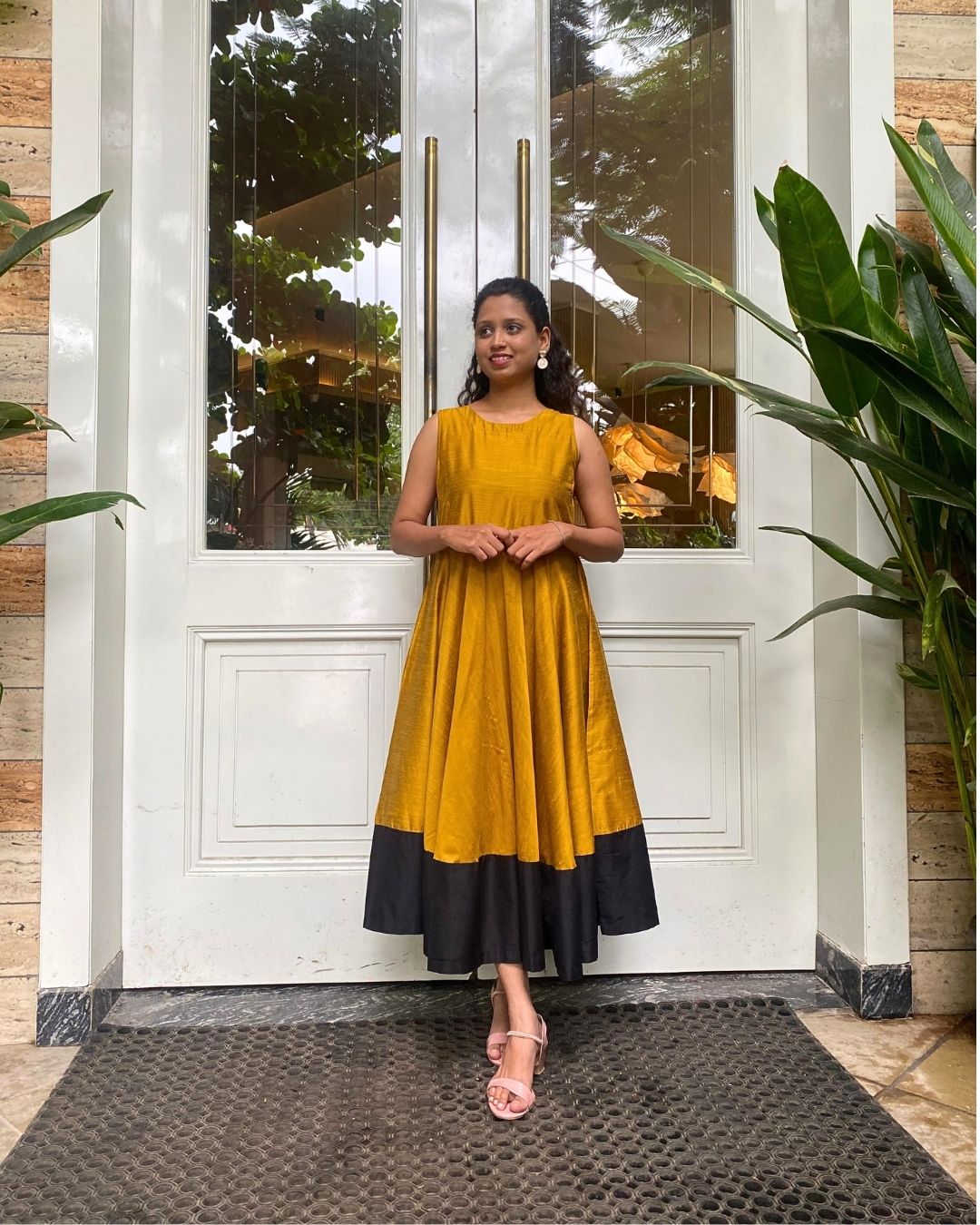 Mustard Fit & Flare Dress with Black Hem