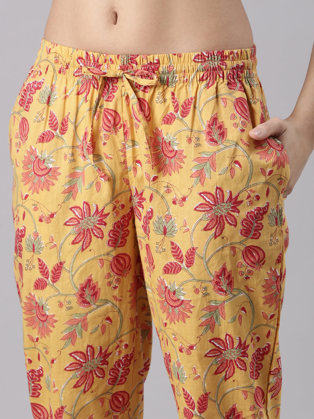 Yellow Floral Cotton Coord Set with Mandarin Collar & Straight Pants