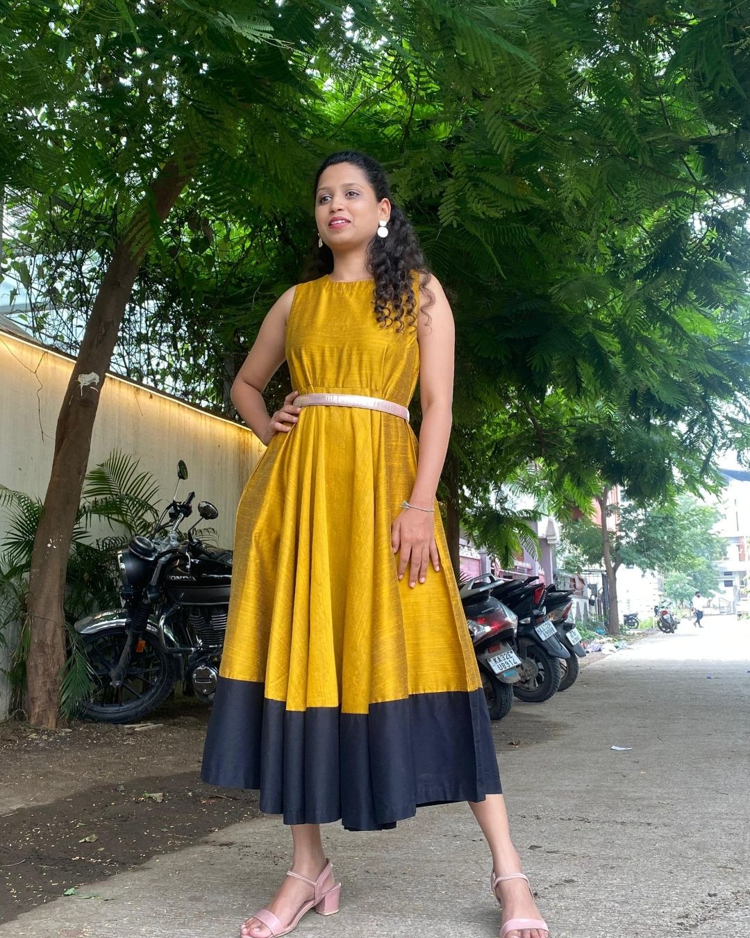 Mustard Fit & Flare Dress with Black Hem