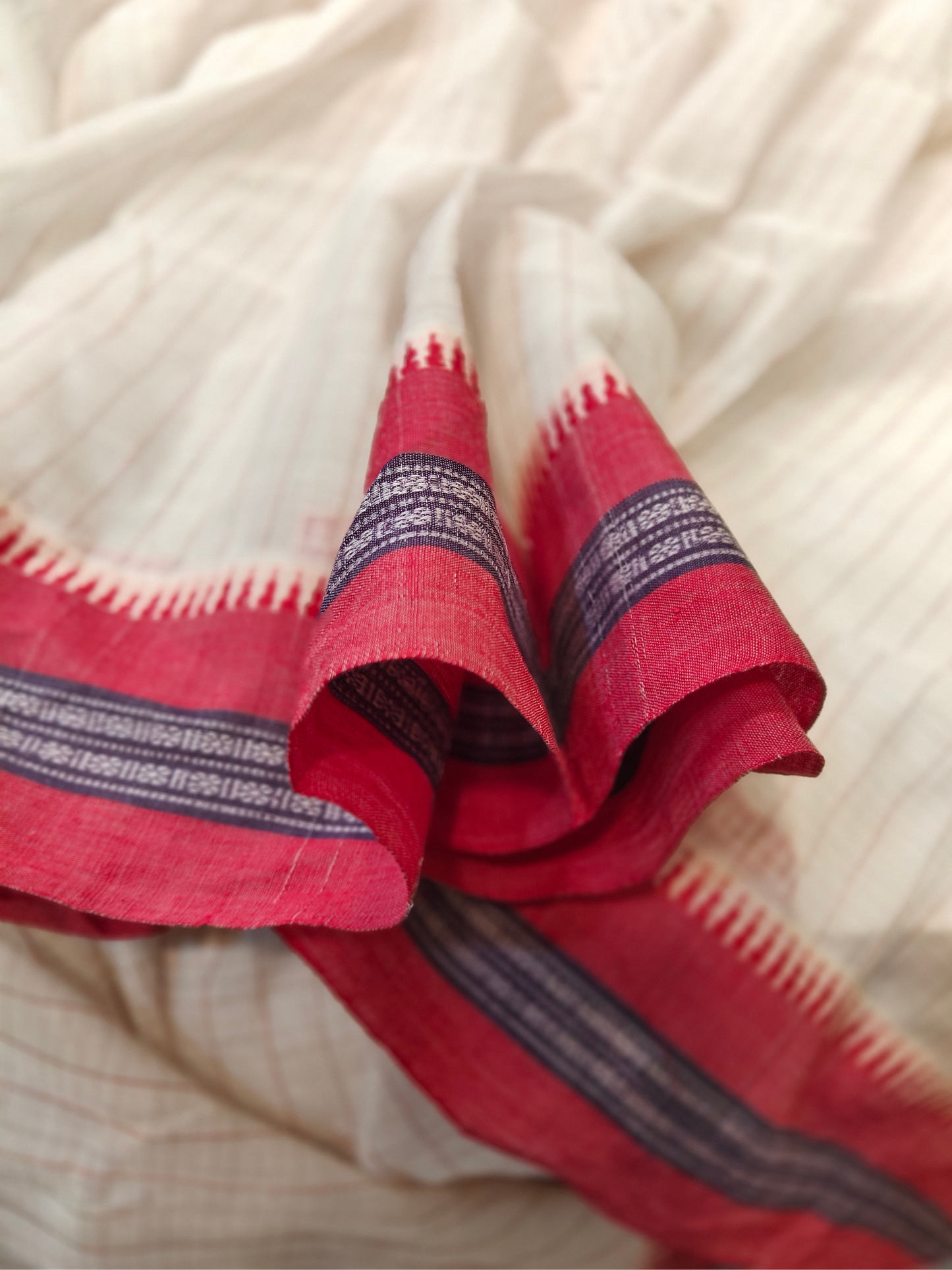 Avira | Handwoven Cotton Saree | Ivory & Crimson
