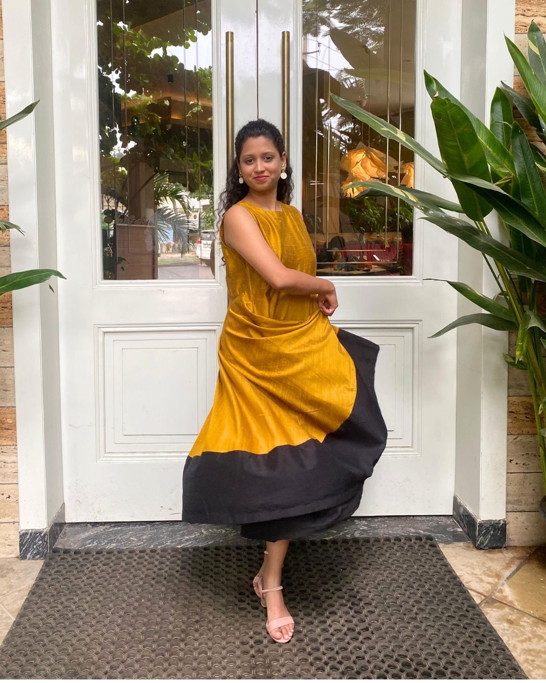 Mustard Fit & Flare Dress with Black Hem