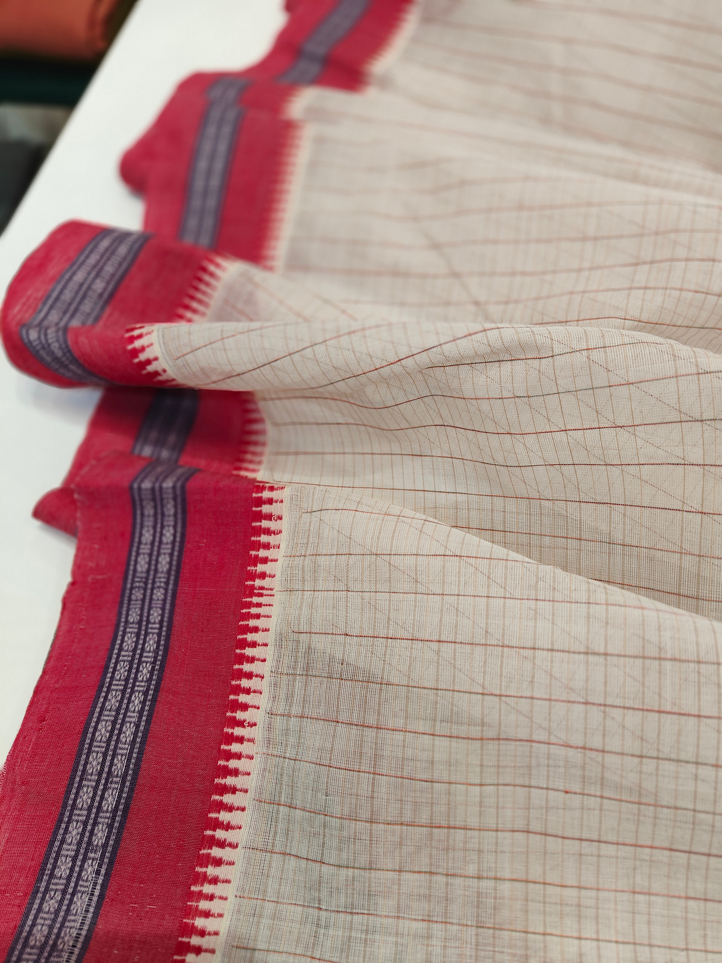 Avira | Handwoven Cotton Saree | Ivory & Crimson