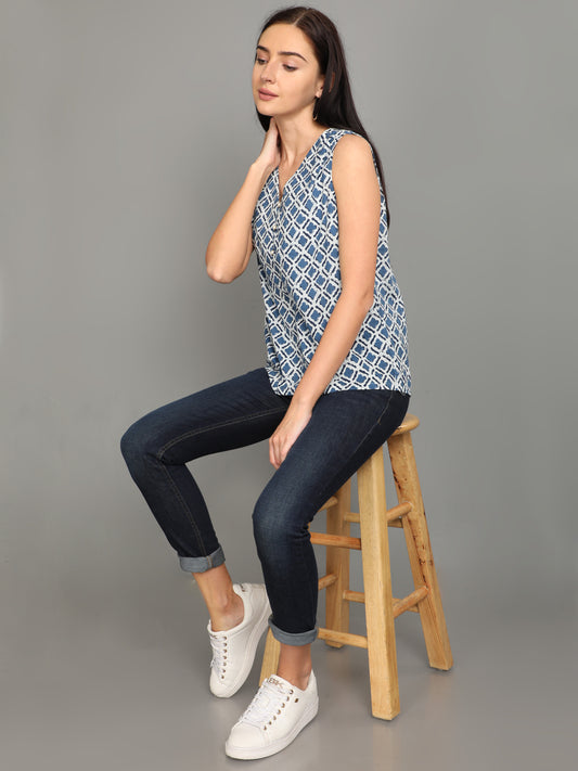 Indigo Printed Sleeveless Top